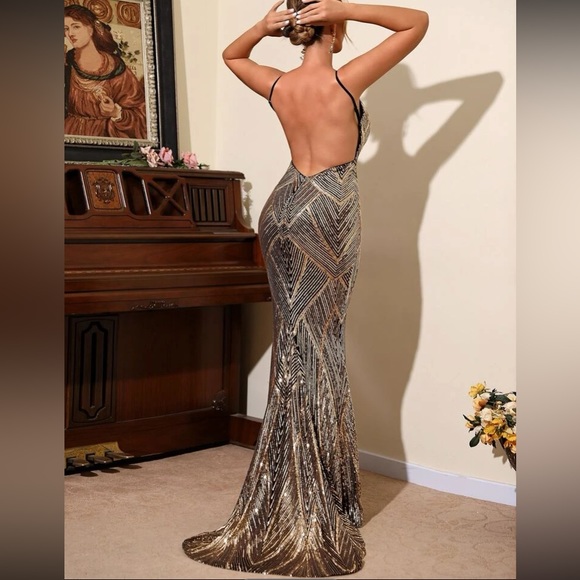 Luxe open back mermaid hem party prom wedding sequins dress - Picture 5 of 7